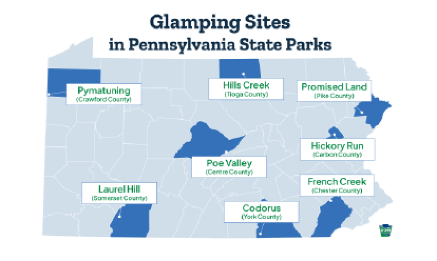 Map of PA DCNR glamping sites.