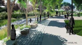 An artist rendering of the Lick Run Greenway includes an urban stream used to divert storm water from underground sanitary sewers.