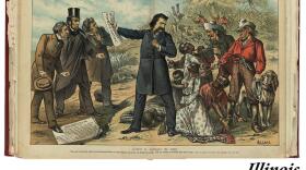 In this 1859 illustration, John A. Logan, center, holds a paper that states 'No Interference with Slave-Hunters!' He would later be a Union Army general.