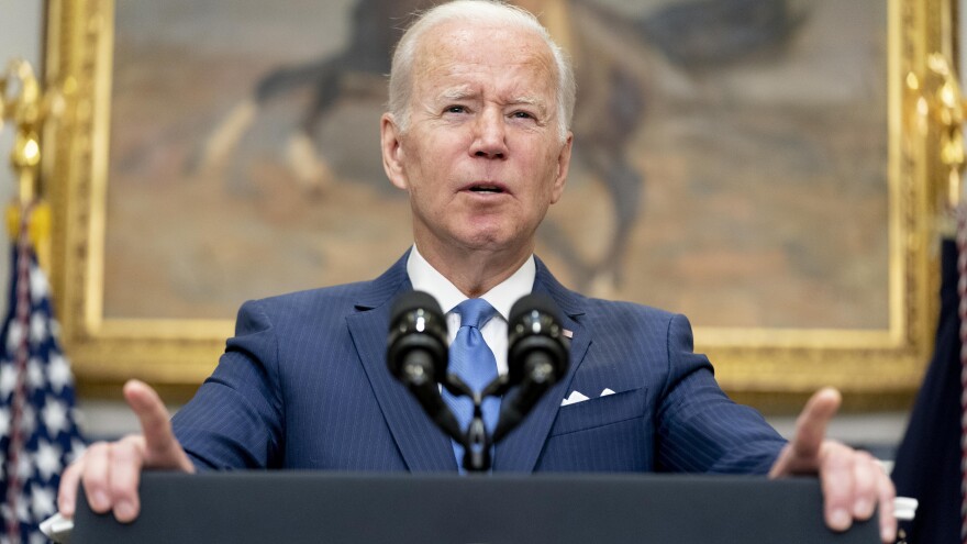 President Joe Biden speaks about the war in Ukraine in the Roosevelt Room at the White House on Thursday.