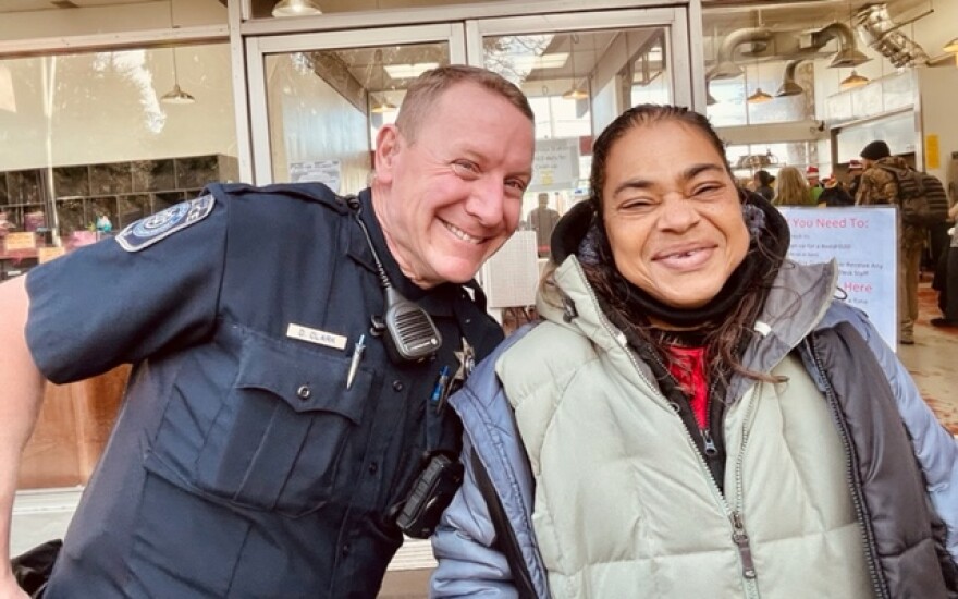 Casondra Johnson is staying at the Dusk to Dawn shelter as she waits to get on a list for housing. She says what officer Dave Clark and other EPD staff did to serve meals to the west Eugene homeless community is "amazing."