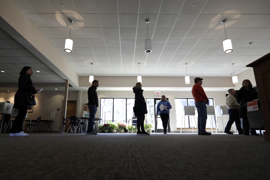 This March 17, 2020 file photo shows Evanston residents lined up to vote. More than 1 million Illinoisans have applied to vote by mail for the November election, nearly triple the number from the last presidential contest. 