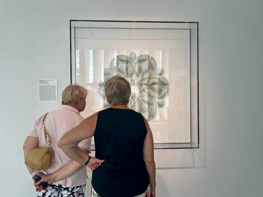 The backs of two women looking at a piece of art on a white wall