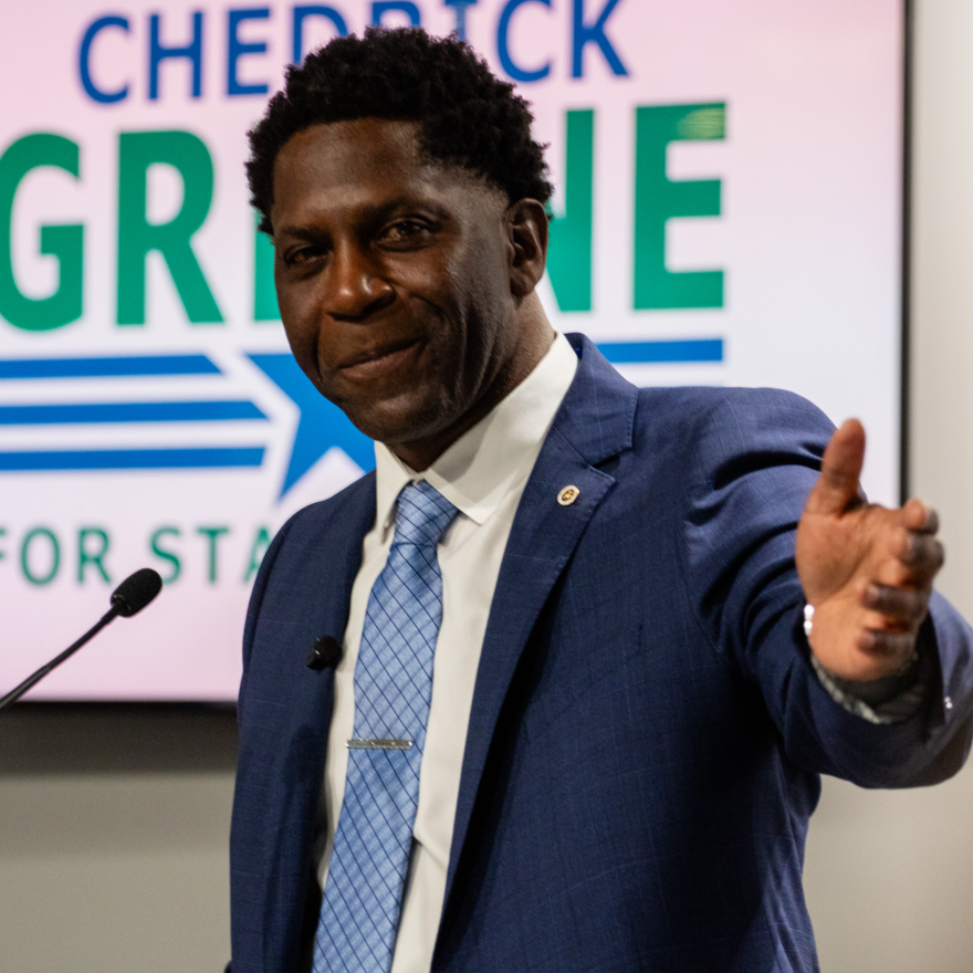 Democrat Chedrick Greene delivers his victory speech to supporters at a union hall in the city of Saginaw on Tuesday May 5, 2026 after learning he won a special election for the open state Senate seat in the 35th District over Republican Jason Tunney.