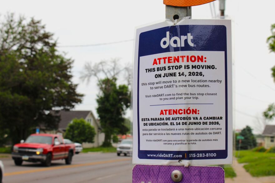 A DART bus stop with a notice stating that the stop will be moving. DART designed a new route network to support more frequent service.