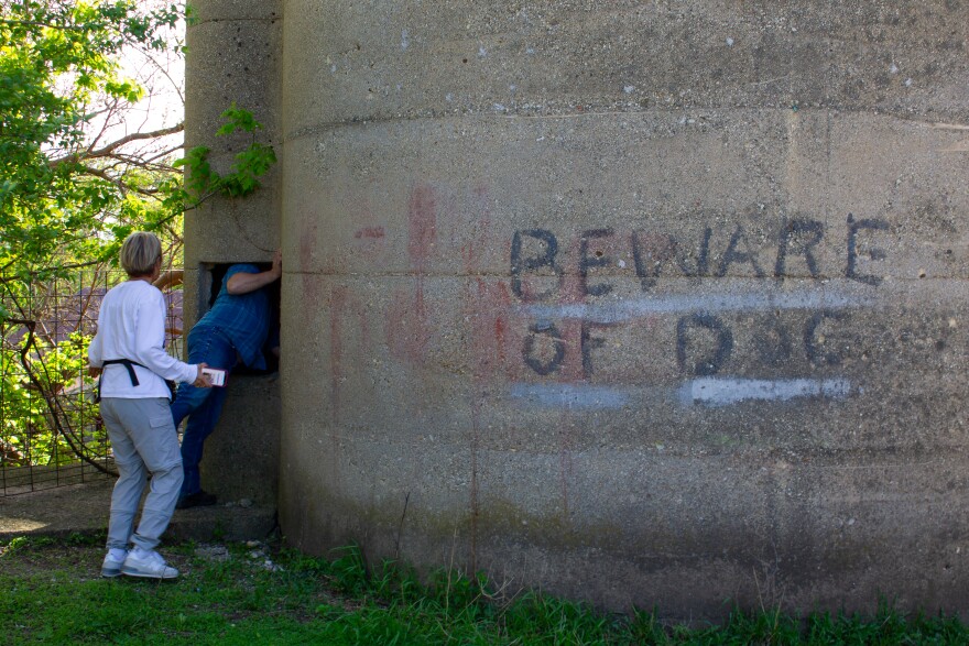 Dennis Storlie and Marianne May check out the inside of a silo in McHenry, Illinois, on April 25, 2026.
