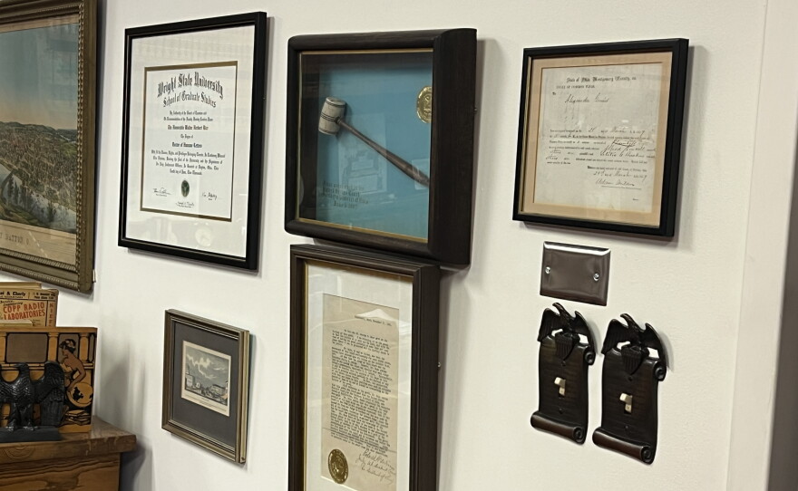 U.S. District Court Judge Walter Rice's chambers are heavily decorated with both personal and historic items such as an antique gavel.