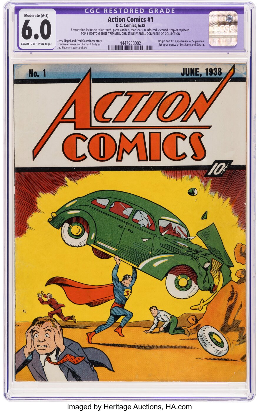 A comic book cover showing a man lifting a green car in the air.