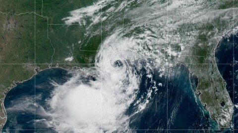 This NOAA satellite image taken at 11:40 a.m. EDT on Wednesday, July 22, 2026, shows Tropical Storm Bertha in the Gulf of Mexico moving toward the edge of Louisiana.