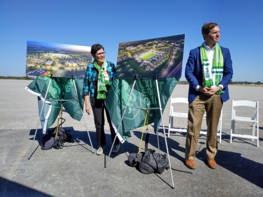 Lexington Mayor Linda Gorton and Gov. Andy Beshear were among the speakers at Tuesday's news conference announcing a new 5,500-seat soccer stadium for the Lexington Sporting Club's mens' and womens' pro soccer teams.