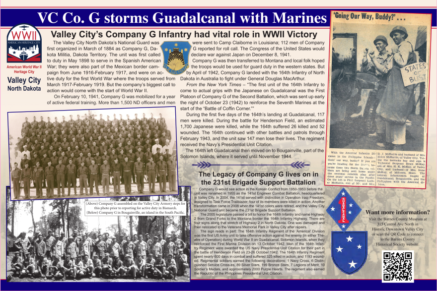 An interpretive panel highlighting the World War II service of G Company is shown ahead of its installation in Valley City, N.D., part of the community’s World War II Heritage City project. The panel is one of several set to be placed at historic sites in 2026 to honor local contributions to the war effort.