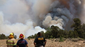 Navajo Nation police and McKinley County firefighters watch smoke from the Oak Ridge Fire, June 29, 2025.