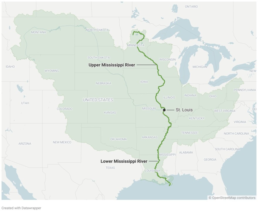 The Mississippi River basin drains water from more than 40% of the country into the Gulf of Mexico. Map data: U.S. Geological Survey, World Bank.