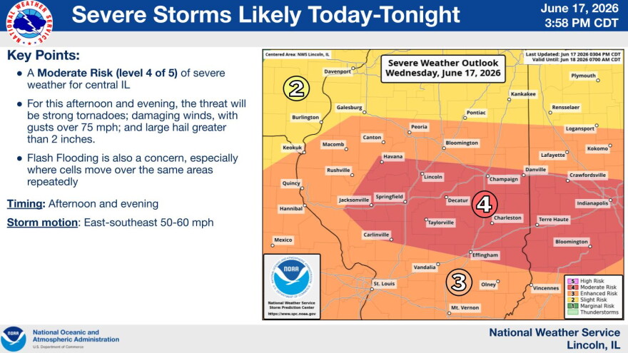 [Late Afternoon Wednesday Update (6/17)] - An Enhanced (level 3 of 5) to Moderate (level 4 of 5) risk for severe storms remains in place across the region for this evening. We continue to see signs of additional storm development across west-central IL as of 4pm Wednesday. Continue to stay weather aware!