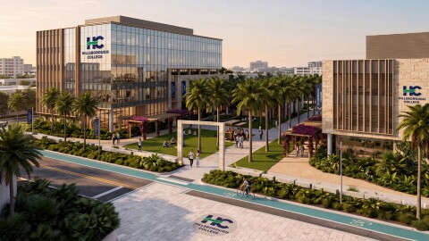 Artist rendering shows two mid-size buildings, with a wide walkway lined by palm trees between them. Both have the signage HC Hillsborough College. The building on the left is mostly glass. People are seen on the wide sidewalk walkway and adjoining sidewalks. Green area cross the front of the image by the adjoining sidewalk. 