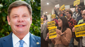 DOT member Stephen Rosenburgh, left, and toll lane opponents.