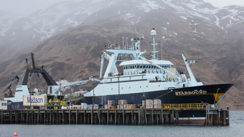 The Starbound, a 300-foot catcher-processor in port in Unalaska in February 2022, roughly two months after Trident Seafoods acquired it.