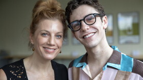 Jessica Phillips and Ben Levi Ross at Here & Now. (Robin Lubbock/WBUR)