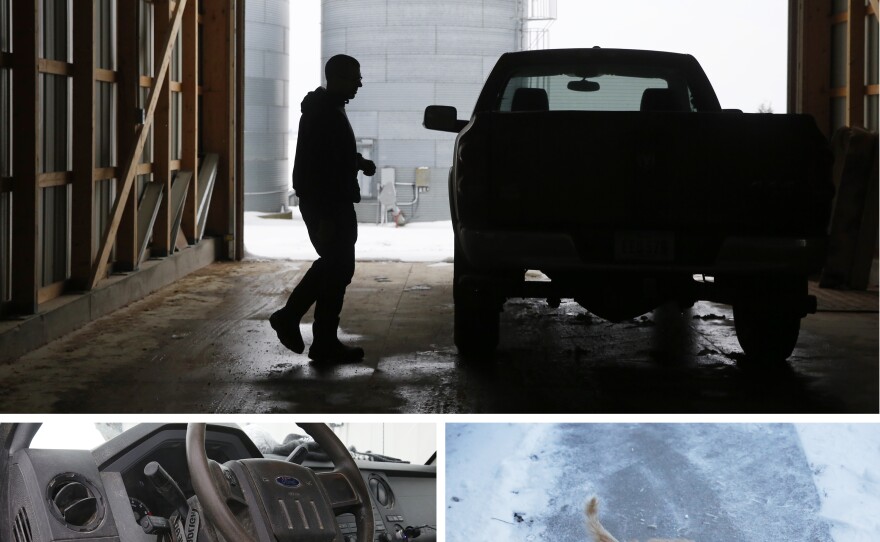 (Top) Ryan Kress can't imagine living anywhere else but right here in Buchanan County, Iowa. (Bottom left) Gear — like this headlamp and goggles — fill much of Kress's Ford F-250 pickup truck. (Bottom right) Barn cats outside the Kress home.