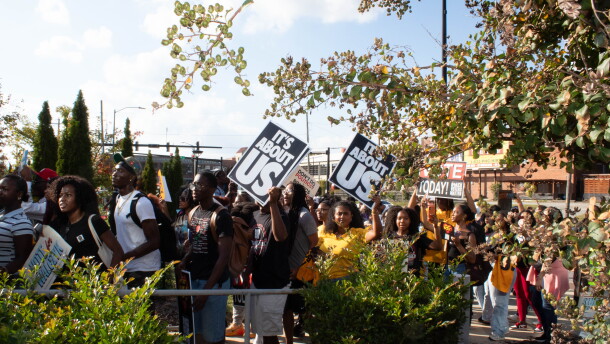 UNCG, NC A&T students walk to the polls for to cast their ballots