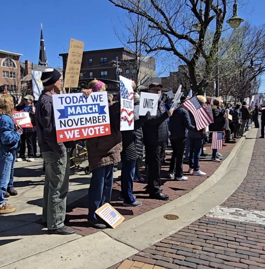 Attendees of a March 28, 2026 No Kings rally in Oxford, Ohio