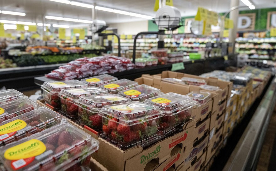 Strawberries are stocked Friday, April 10, 2026, at a grocery store in Beloit, Wisconsin.