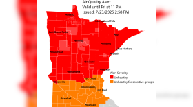 A map from the Minnesota Pollution Control Agency shows the forecast for air quality as a result of wildfire smoke from Canadian wildfires between July 23 and July 25, 2025.