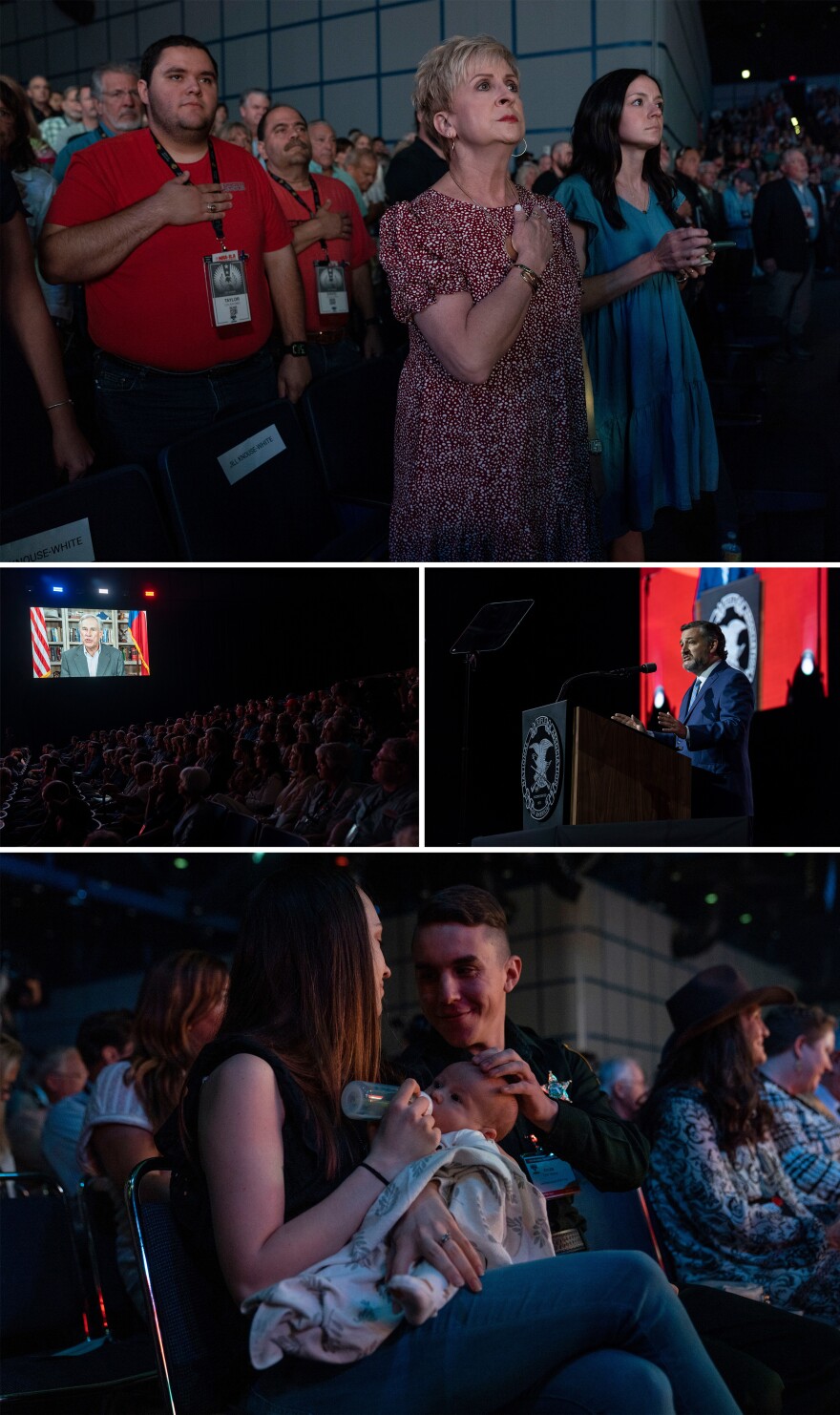 People listen to the national anthem during a speakers event at the NRA Annual Meetings & Exhibits. Texas Gov. Greg Abbott and Sen. Ted Cruz were among the speakers.