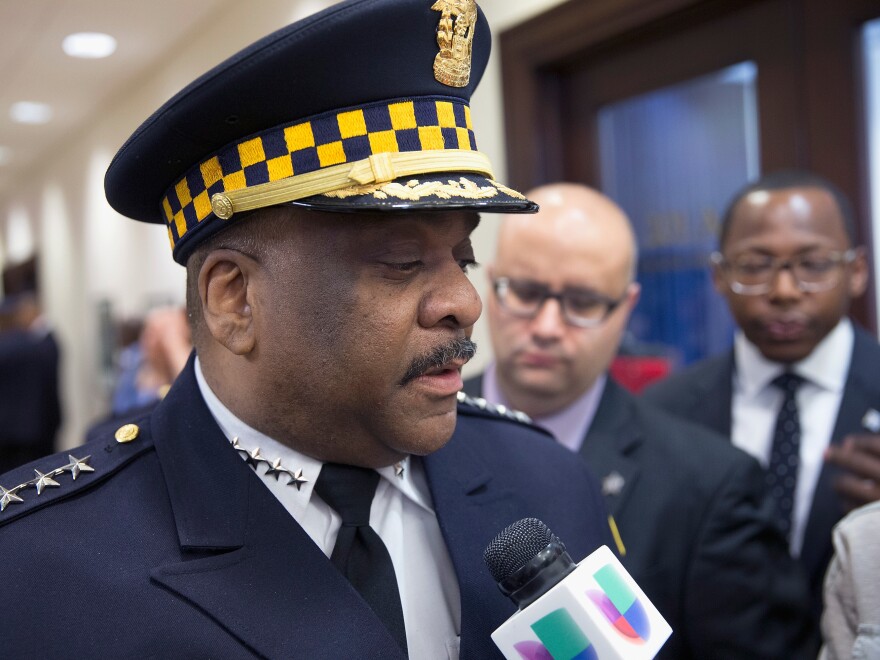 Eddie Johnson speaks to the press April 13 after being sworn in as Chicago Police Superintendent. He recently announced plans for the city to hire 1,000 new police officers to deal with its wave of violent crime.