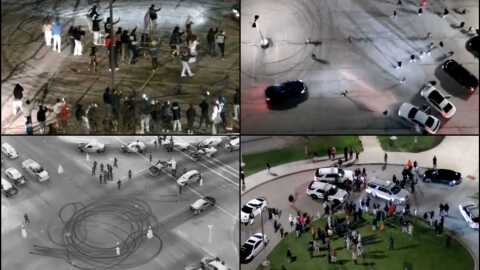 A group of about a hundred vehicles participated in several street takeovers in Cincinnati on the night of March 14, 2026. Clockwise from top left: Kennard Ave, Reading Road, Clifton and Martin Luther King Jr. Drive, and arrests at Woodward High School.