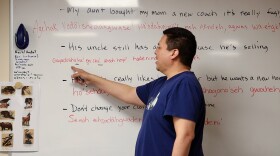 Damian Webster teaches a level one class for adults enrolled in the Honöta:önih Hënödeyësdahgwa' program at the Tonawanda Band of Seneca's Council of Chiefs' building on the Tonawanda Territory.