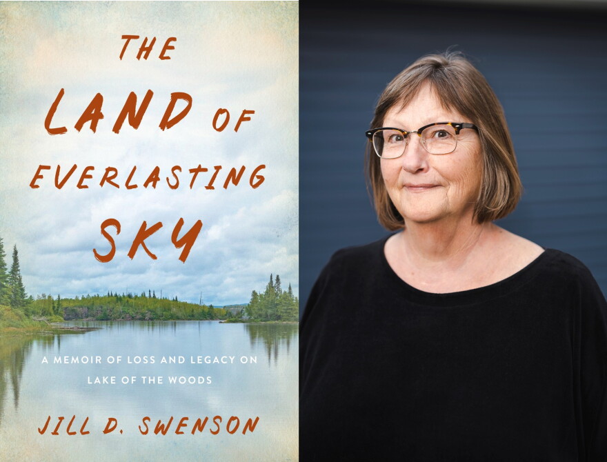 Author Jill Swenson and cover of her book "The Land of Everlasting Sky: