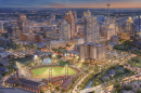 Aerial artist rendering of Missions ballpark, left corner, at night in downtown San Antonio