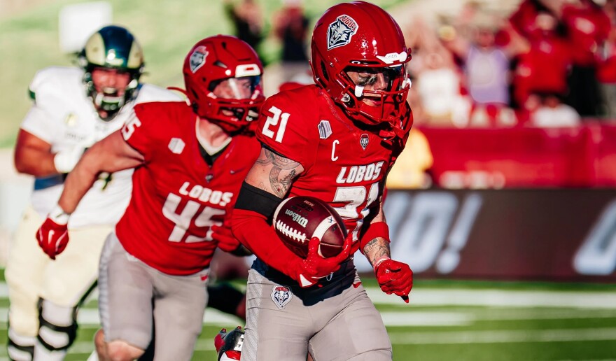 University of New Mexico senior safety Austin Brawley runs back an interception during UNM's 20-17 victory over Colorado State University at University Stadium in Albuquerque on Nov. 15, 2025.