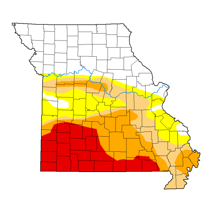 The most recent U.S. Drought Monitor map of Missouri was released July 28, 2022, showing extreme drought in the southwestern corner of the state. Extreme drought covered 18.2 of Missouri's land area.