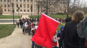 Teachers and their supporters line up outside the Kentucky Capitol Annex on February 28, 2019.