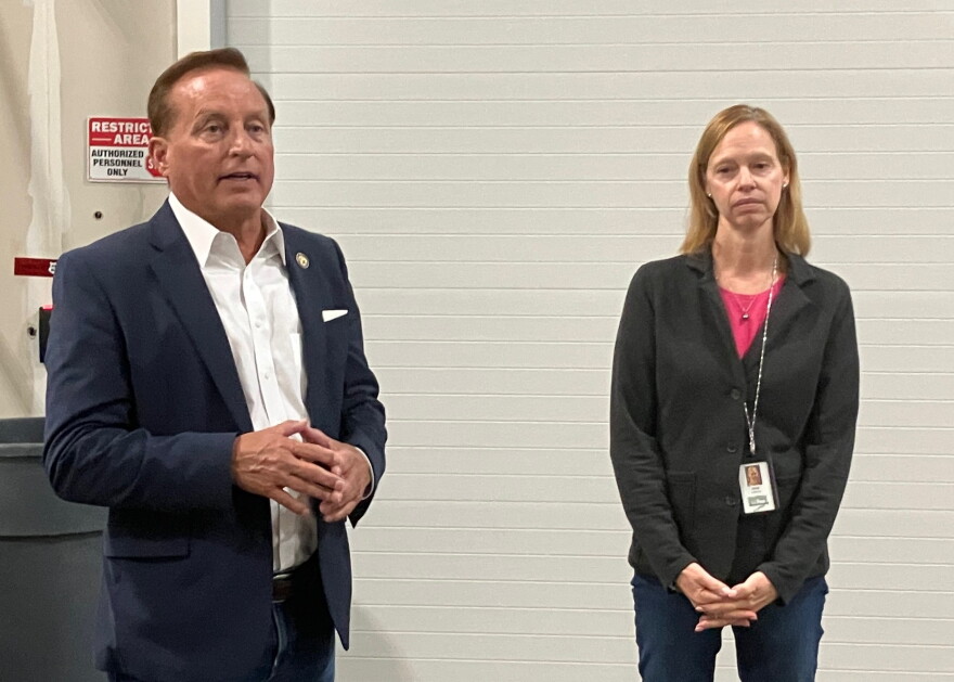Iowa Secretary of State Paul Pate speaks to the media about election equipment testing, with Scott County Auditor Kerri Thompson, on Thursday, Oct. 8, 2026 in Eldridge.