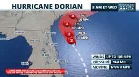 Wednesday's 8 a.m. update on Hurricane Dorian brings little change. The Category 2 storm continues its path north-northwest at 8 mph. (Florida Public Radio Emergency Network)