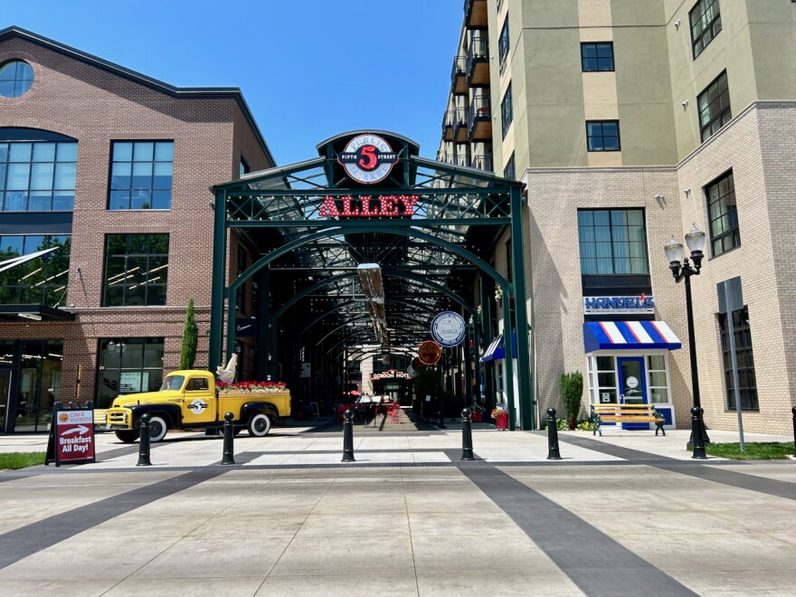  A downtown scene, centered on a public open-air walkway between rows of shops. 