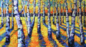 A forest of aspen trees with golden leaves  representing the shift to autumn.