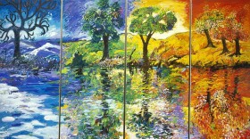 Four panel painting of the four seasons from winter to spring, summer and autumn reflected in water