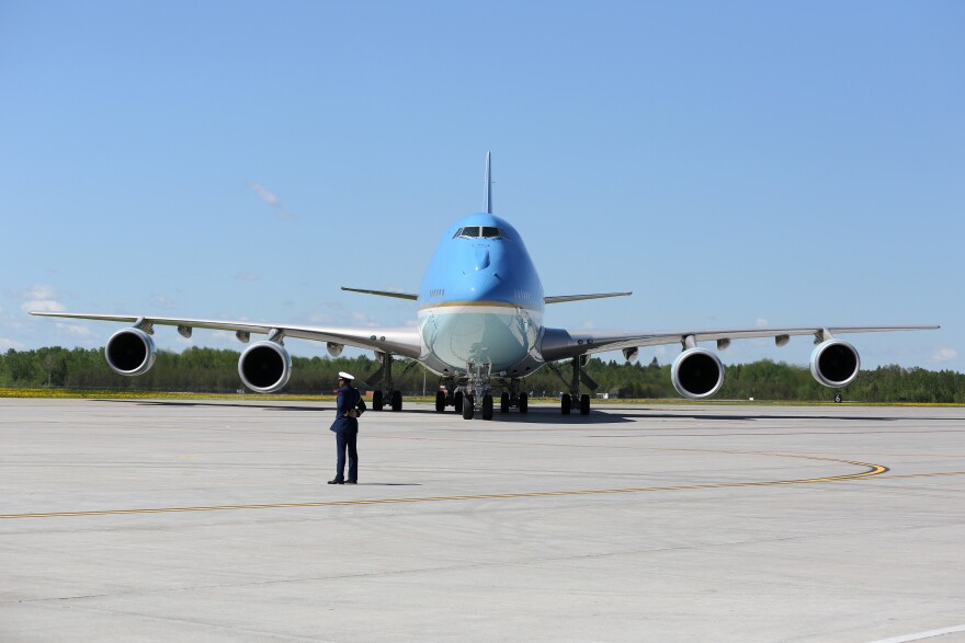 Air Force One waits after landing in Bagotville, Canada, in June. At the G-7 meeting there, President Trump threw traditional U.S. allies into disarray over his trade and security policies.