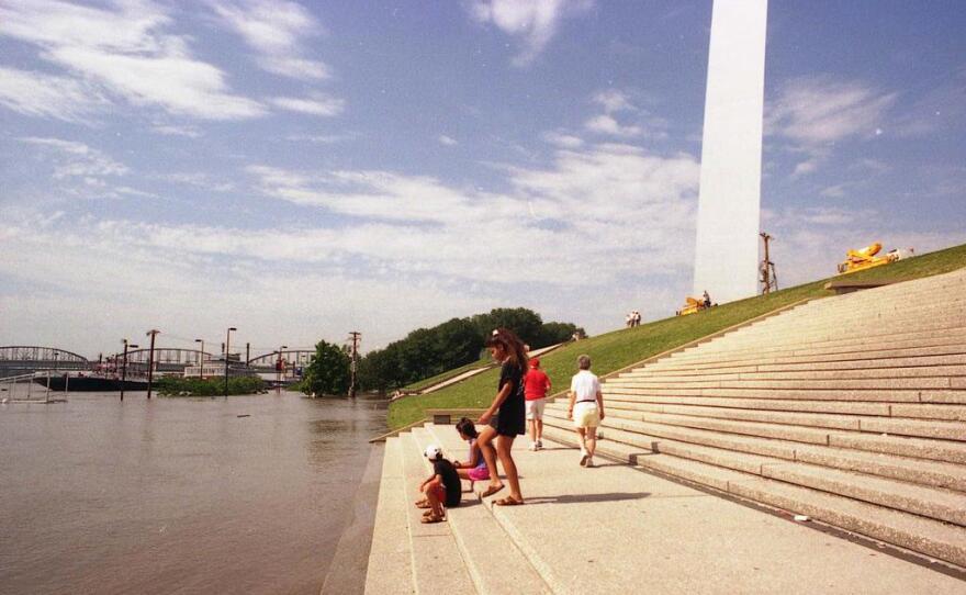 Floodwaters climb up the steps in front of the Gateway Arch during the Great Flood of 1993.