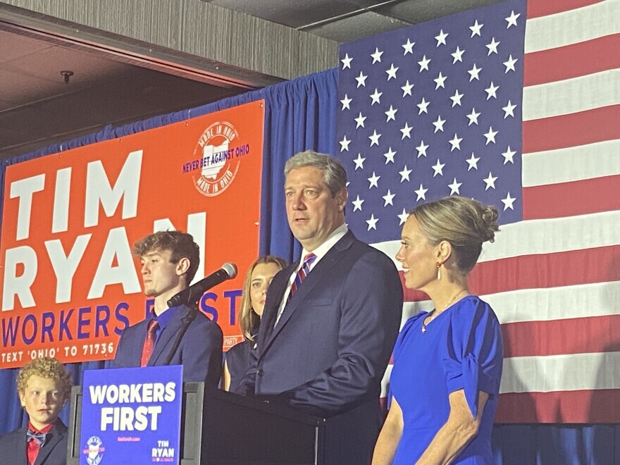 Democratic U.S. Senate candidate Tim Ryan and his family as he delivers his concession speech at his Election Night Headquarters near Youngstown