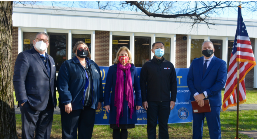 From left: NYS Senator Pete Harckham; President of the Yonkers Federation of Teachers Samantha Rosado-Ciriello; NYS Senator Shelley Mayer; NYS Senator John Liu; and Immediate Past-President of the YCPTA Rob Rijos.