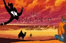 A collage with images of a vibrant desert landscape from the book cover of The Rose Field, a person with a backpack facing into the landscape and a black and white illustration of a man in a suit falling from the TV show Mad Men.