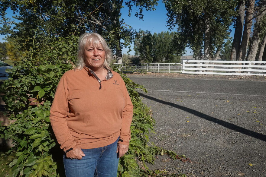 Port of Morrow Commissioner Kelly Doherty stands at her ranch near Boardman, Ore. on Sept. 28, 2026.