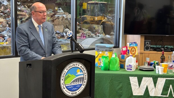 Pulaski County Judge Barry Hyde speaks at the Waste Management facility at the Port of Little Rock on Tuesday, Nov. 25, 2025.
