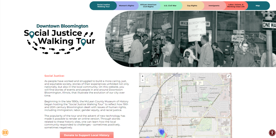  A website landing page reads "Downtown Bloomington Social Justice Walking Tour" with footprints surrounding the text. Colorful tabs run across the top of the website, a vintage photo showing a civil rights protest is under those tabs.