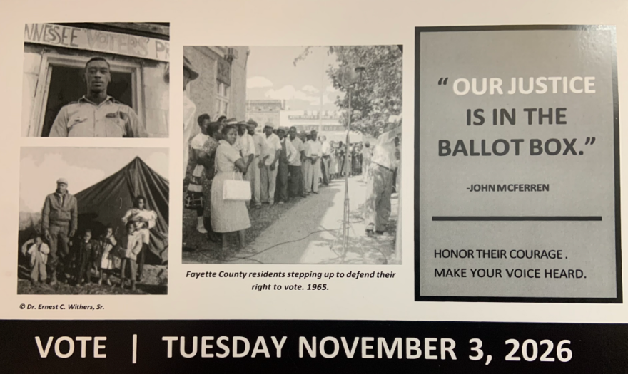 This is one of more than 5,000 postcards mailed to residents in majority-Black neighborhoods in Memphis urging them to vote. They were mailed by former volunteers with the West Tennessee Voters Project, a 1960s civil rights initiative.